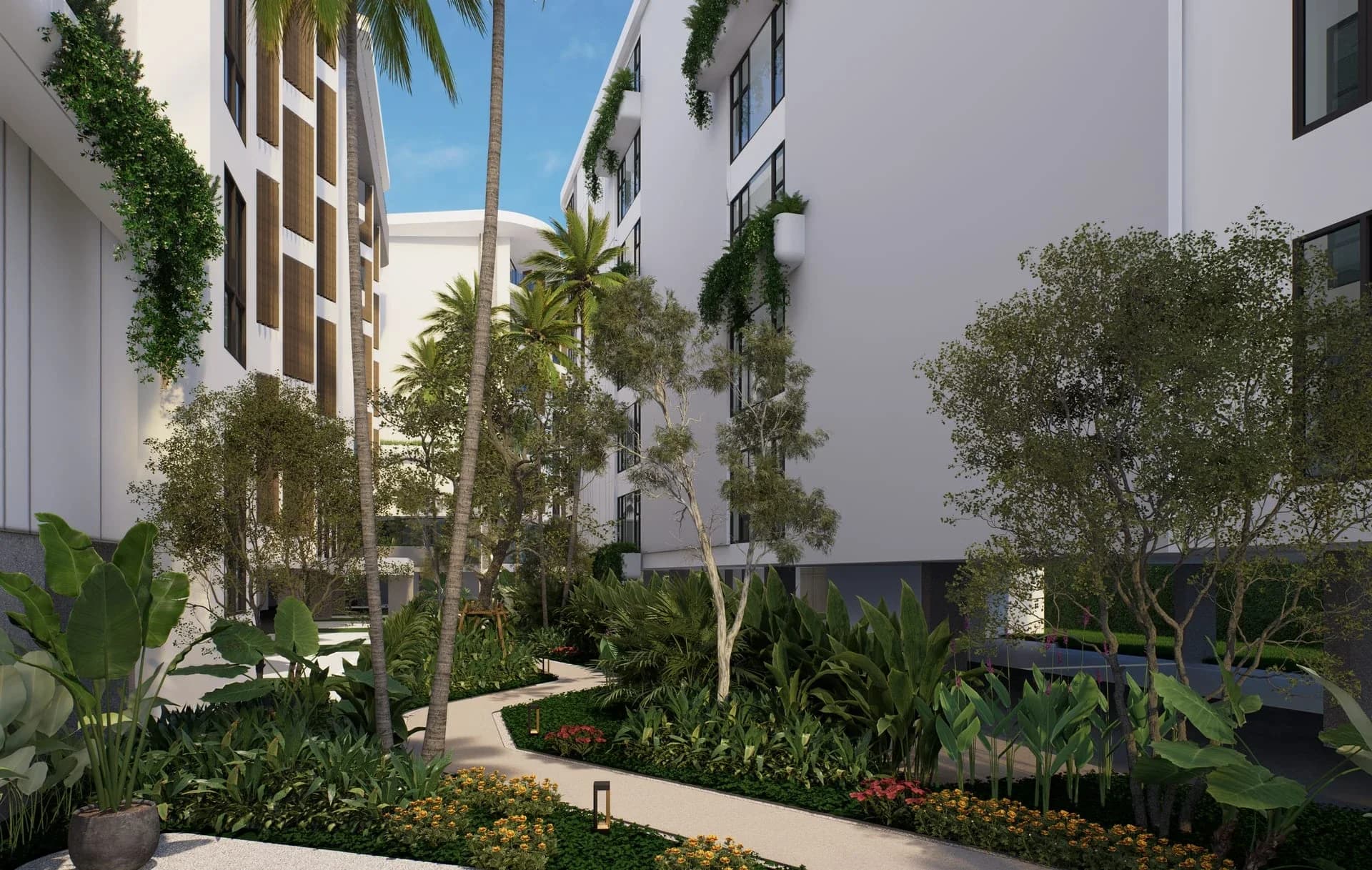 Garden path between the buildings — rendering