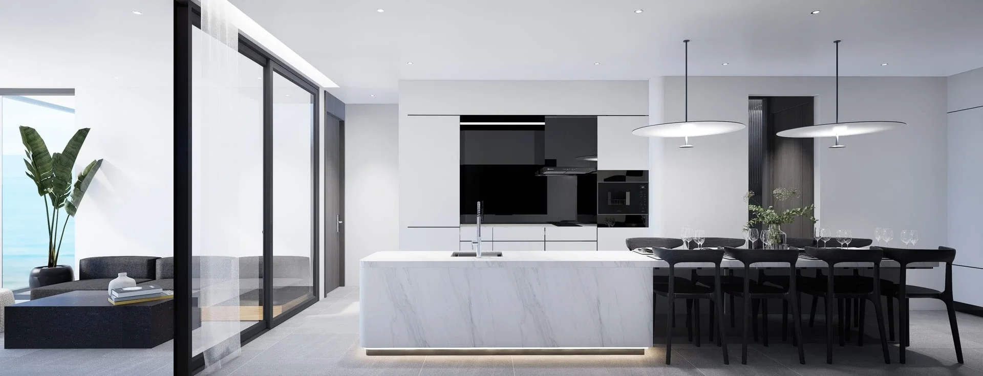 Kitchen and dining of the 3-bedroom residence — interior rendering