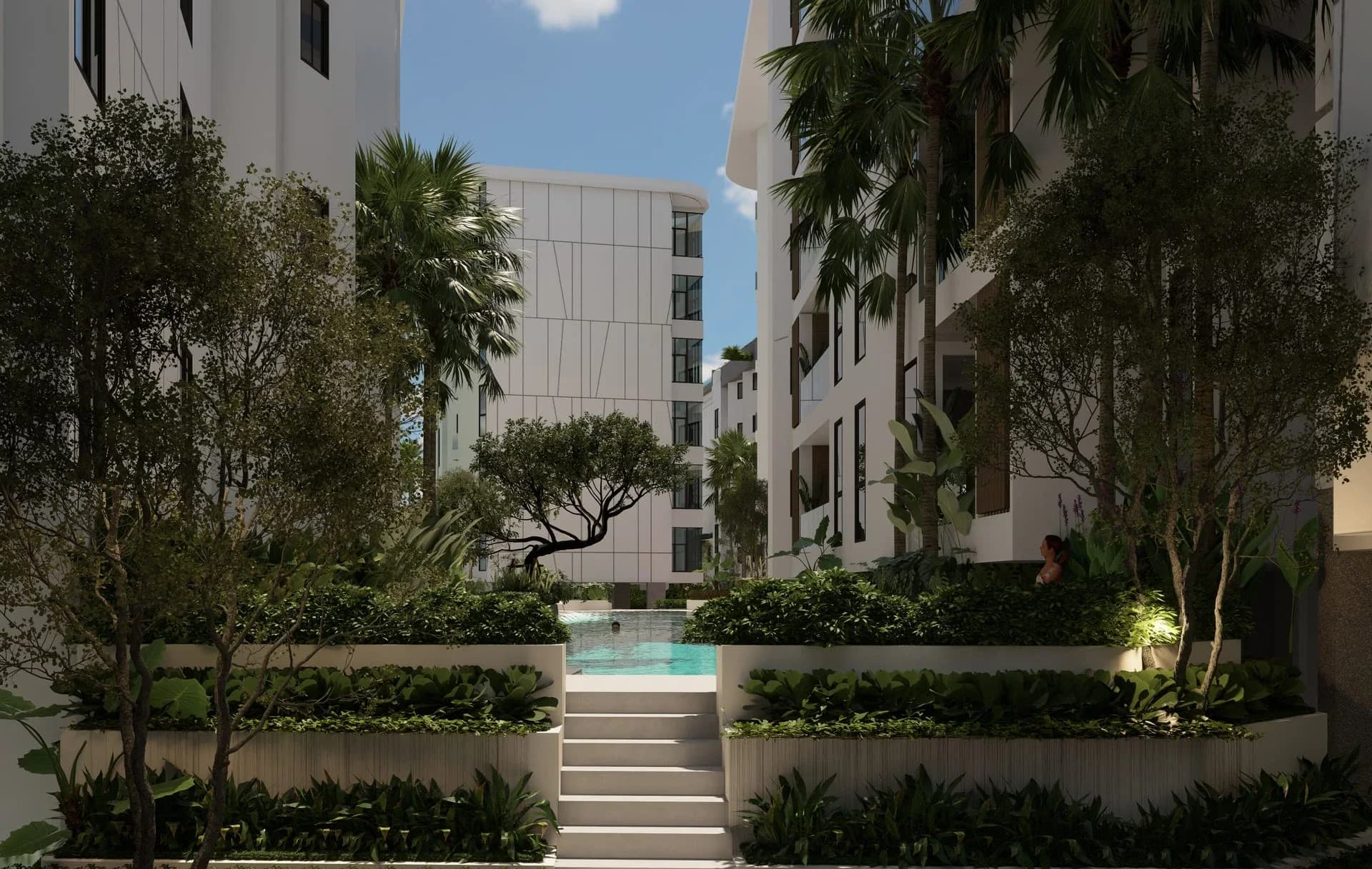 Inner courtyard with mature trees — rendering