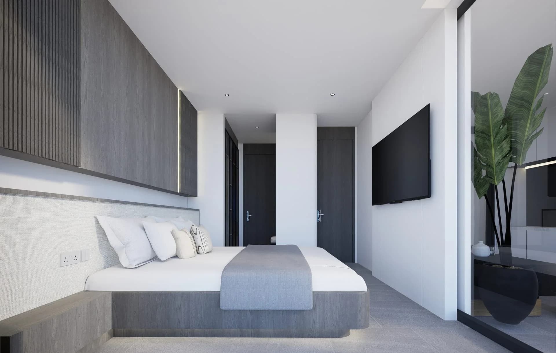 Second bedroom with timber slat wall — interior rendering