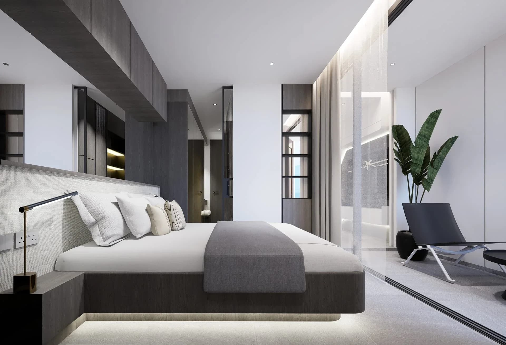 Master bedroom with walk-in wardrobe — interior rendering