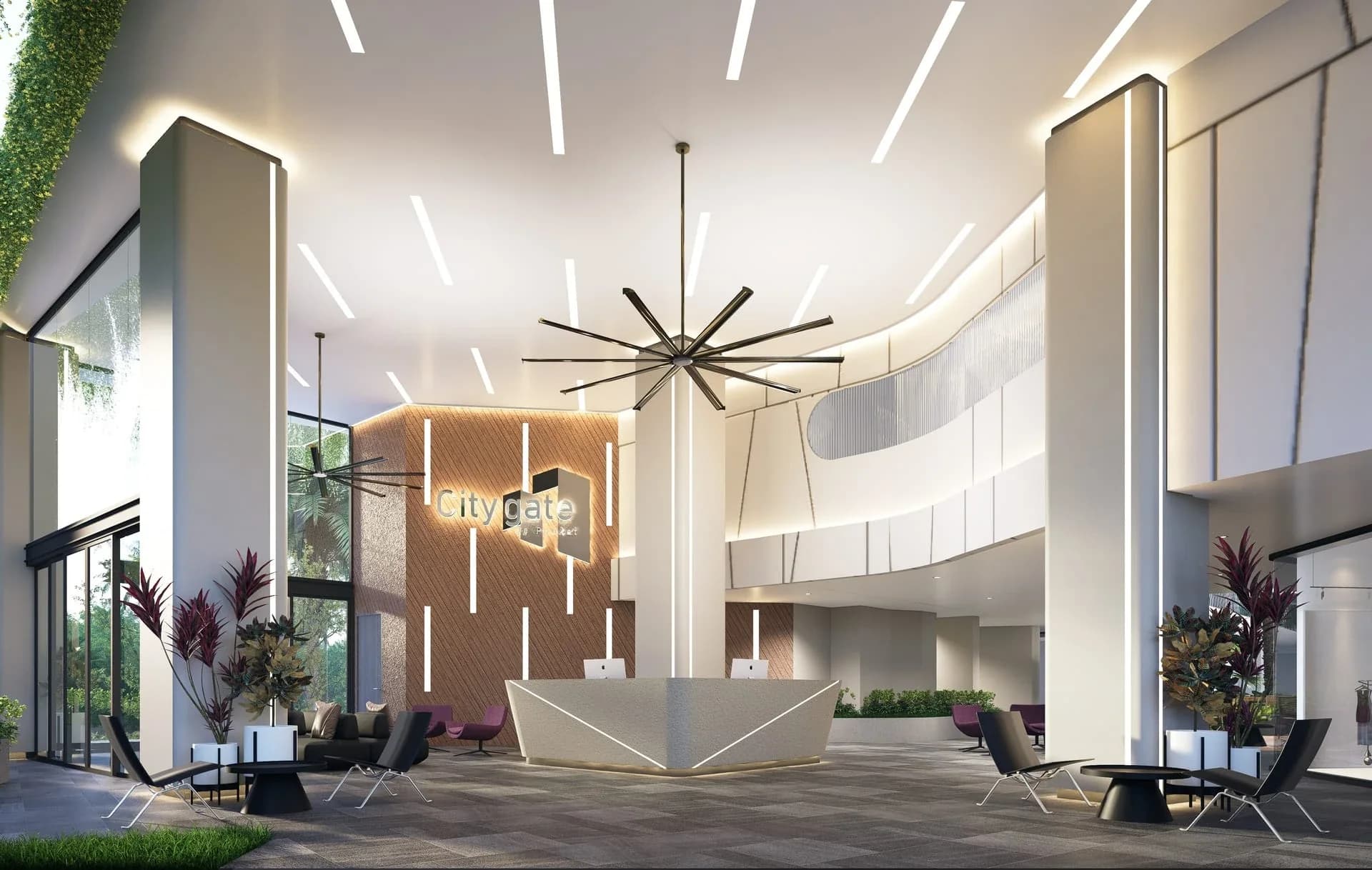 Lobby with garden wall and lounge — rendering