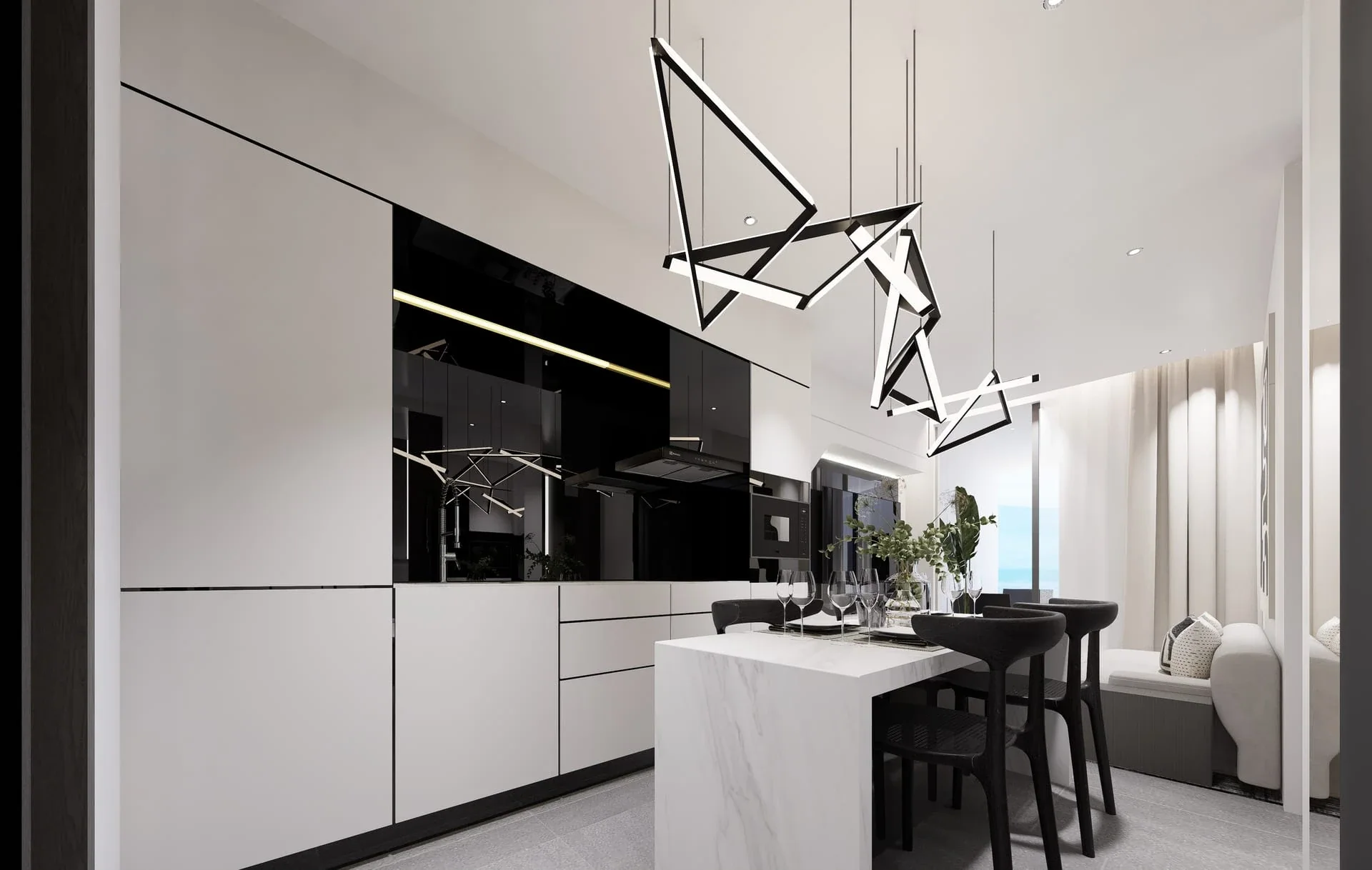 Open kitchen with island and pendant lighting — interior rendering