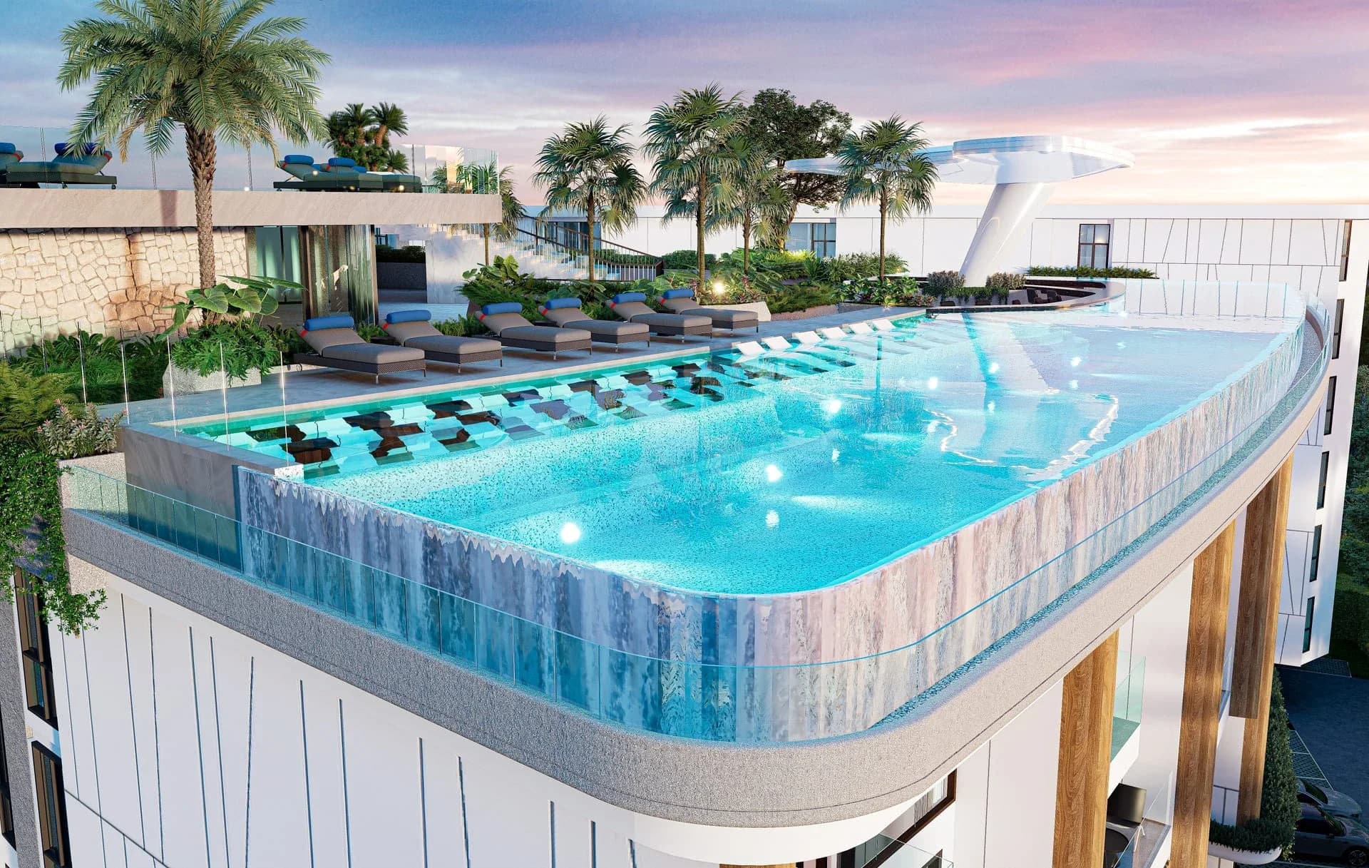 Rooftop infinity pool with sun deck — rendering