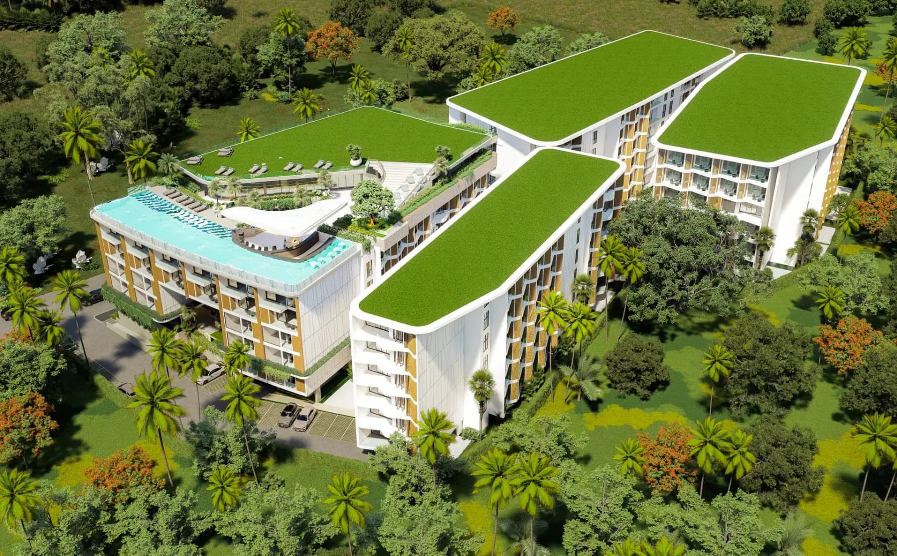 Citygate De Phuket seen from above: the four buildings around the central garden — rendering