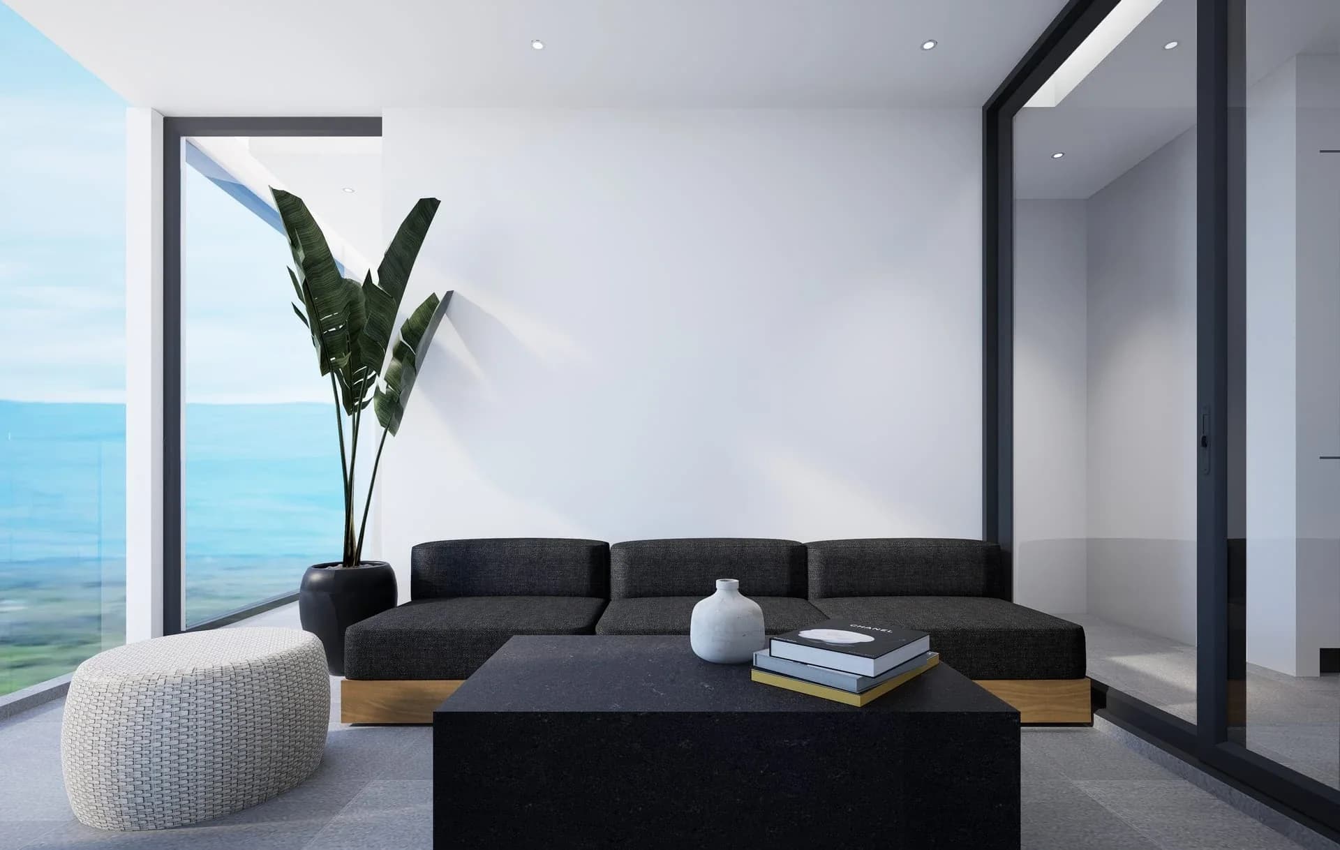 Living room opening onto the terrace and the sea — interior rendering