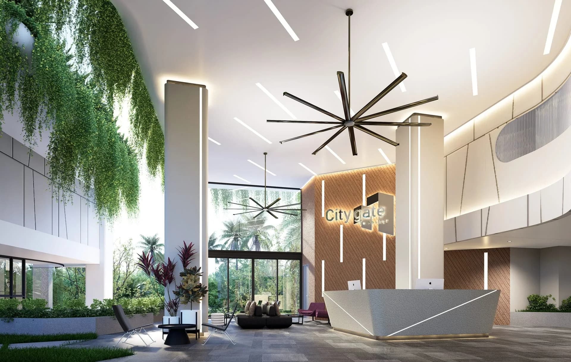 Double-height lobby with reception — rendering
